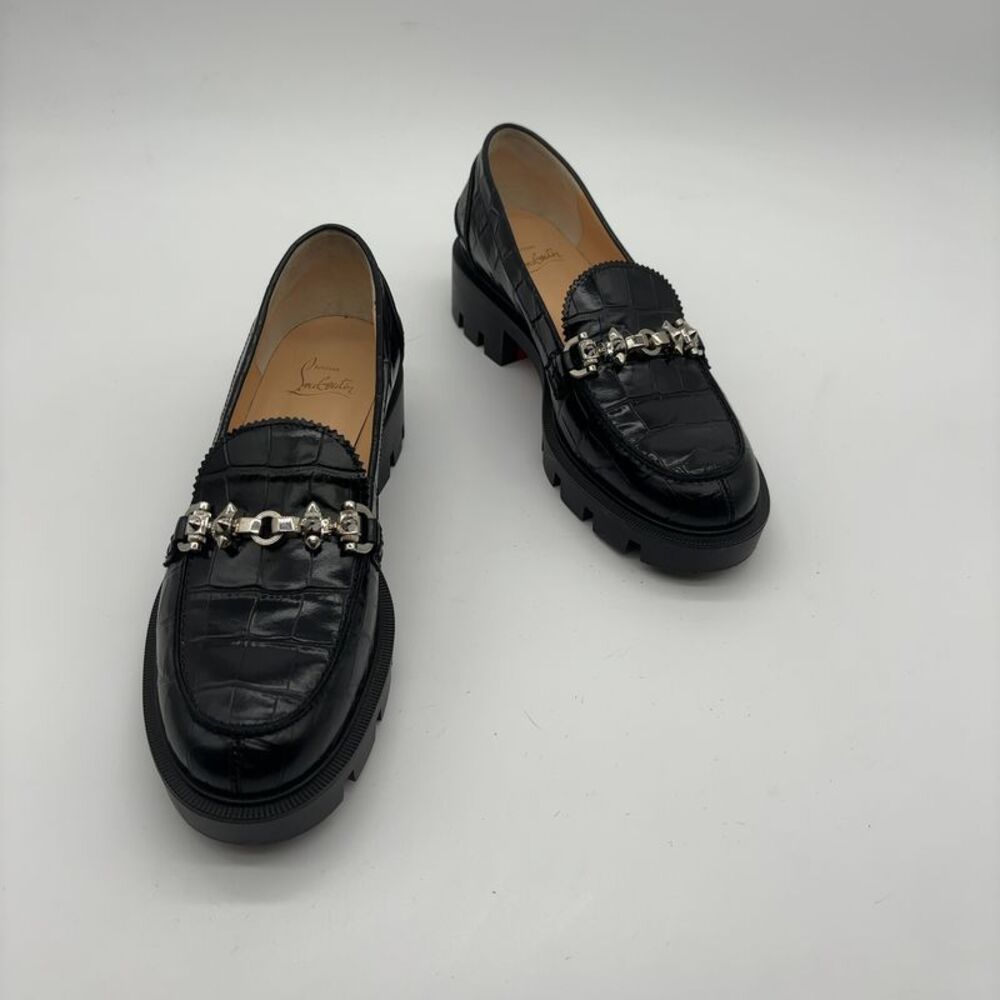 Christian Louboutin Black Croc-Embossed Lug Slip-On Loafers